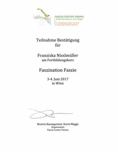 Zertifikat zur Fortbildung für Faszination Faszie