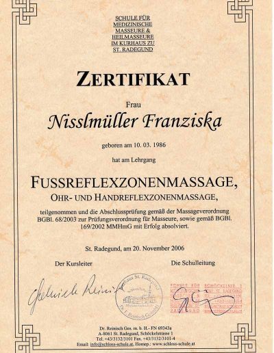 Zertifikat zur Fortbildung für Fussreflexzonenmassage