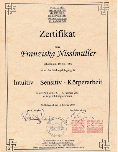 Zertifikat zur Fortbildung für Intuitive und sensitive Körperarbeit