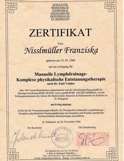 Zertifikat zur Fortbildung für Manuelle Lymphdrainage und komplexe physikalische Entstauungstherapie