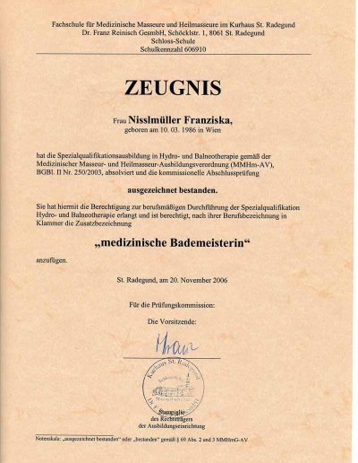 Zertifikat zur medizinischen Bademeisterin