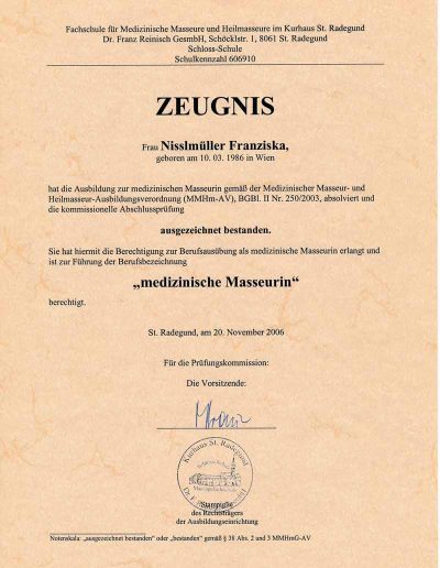 Zertifikat zur medizinischen Masseurin