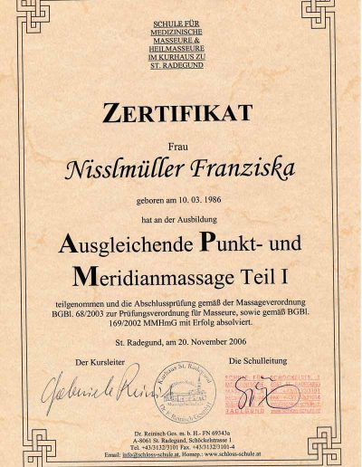 Zertifikat zur Fortbildung von Ausgleichender Punkt- undMeridianmassage Teil 1