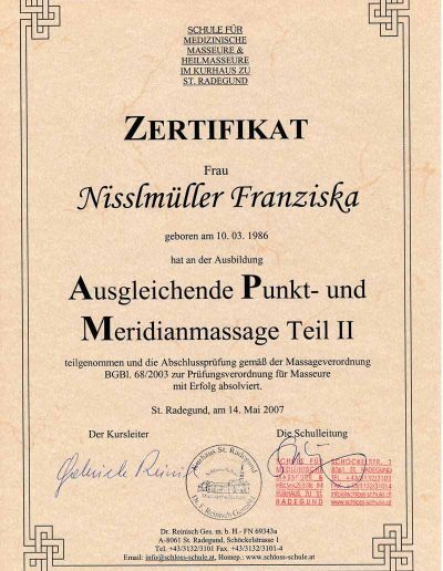 Zertifikat zur Fortbildung von Ausgleichender Punkt- undMeridianmassage Teil 2